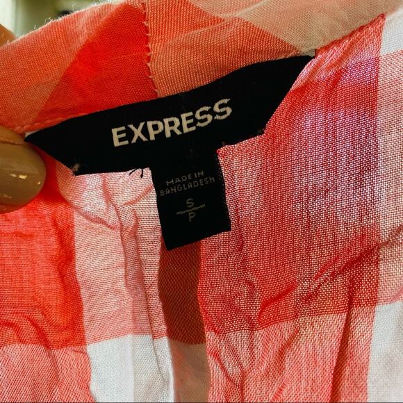 EXPRESS Pink Salmon White Checkered Picnic Button Tie Front Blouse Shirt Top S - Picture 4 of 7